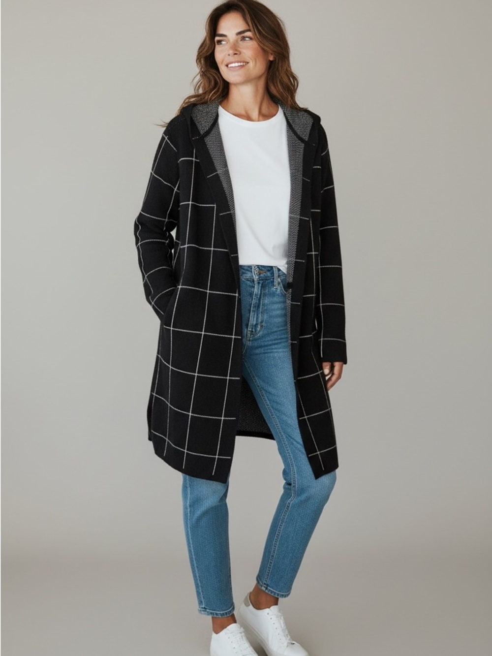 Black Windowpane Hooded Cardigan Sweater
